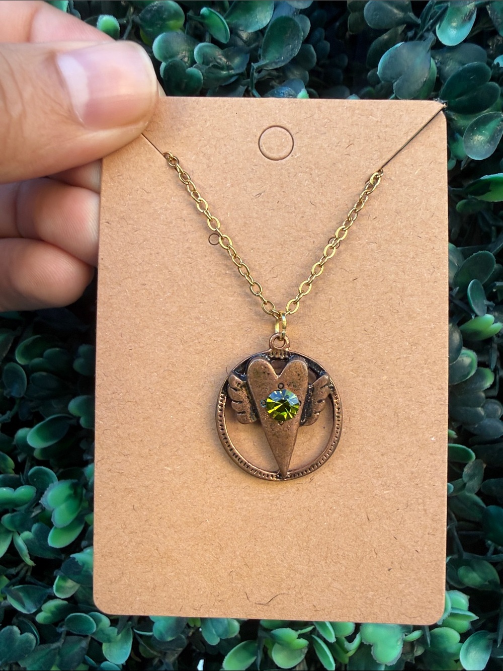 Repurposed Vintage-Inspired Gold Heart Wing Pendant Necklace with Green Crystal